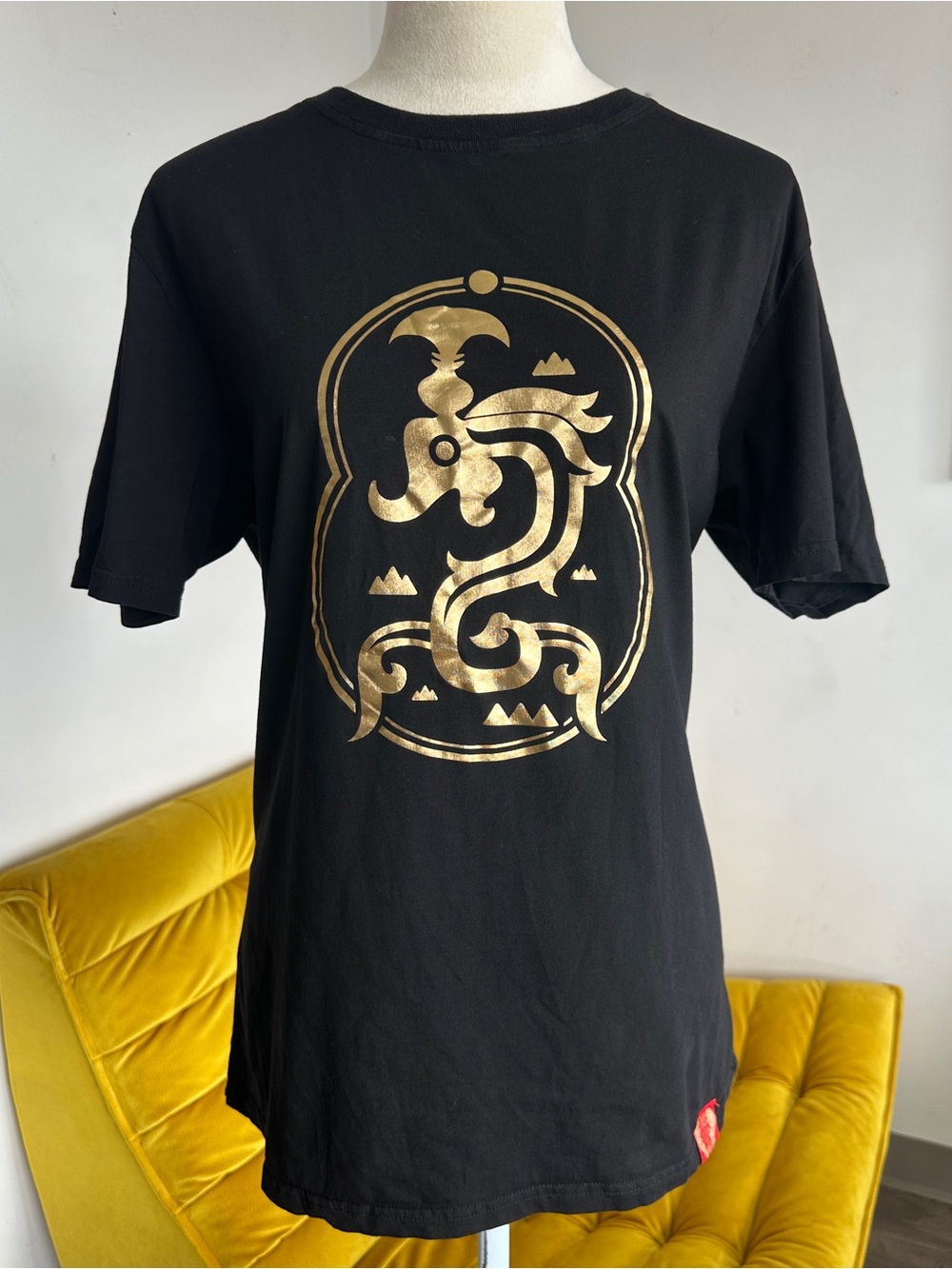 Black T-Shirt with Metallic Gold Dragon Graphic